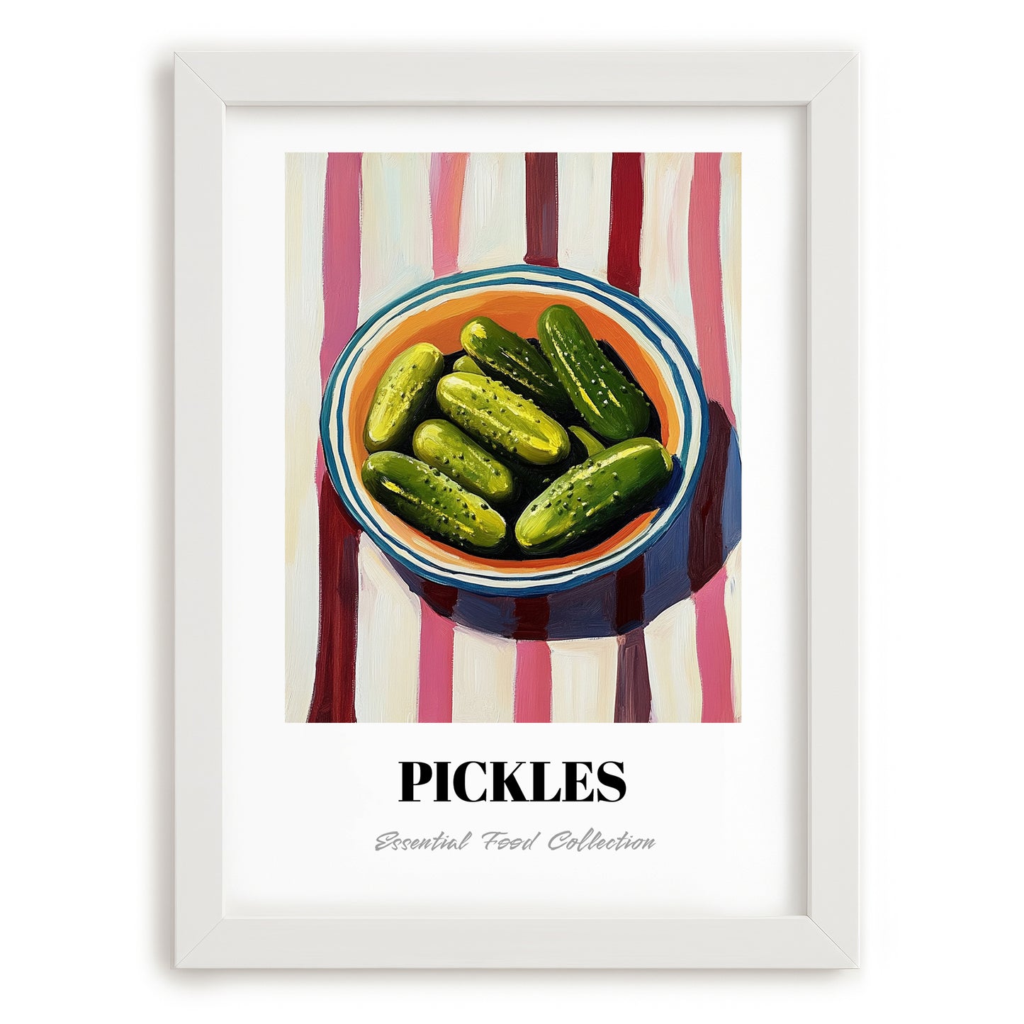 Pickles – on Striped Tablecloth, American Bbq Wall Art, placed in minimal white frame