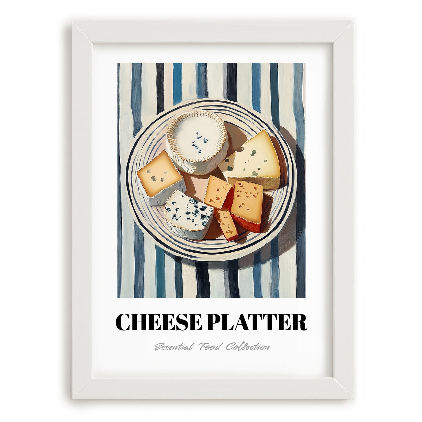Cheese Platter – on Striped Tablecloth, French Cheese Still Life, placed in minimal white frame