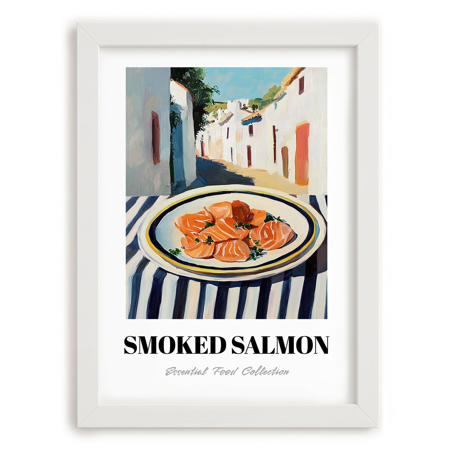 Smoked Salmon – White village Urban Café Scene, Norwegian Food Poster, placed in minimal white frame