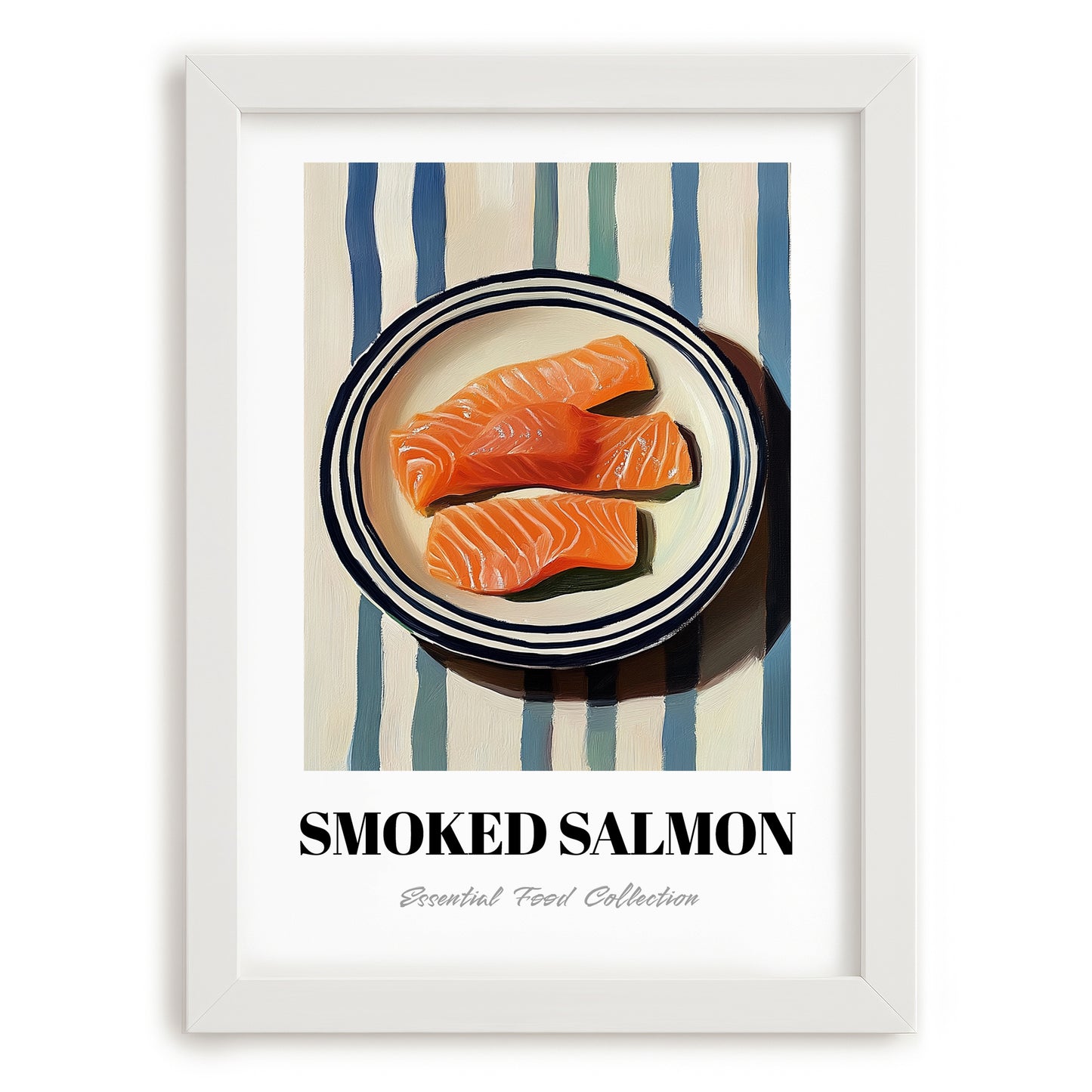 Smoked Salmon – on Striped Tablecloth, Norwegian Food Art, placed in minimal white frame