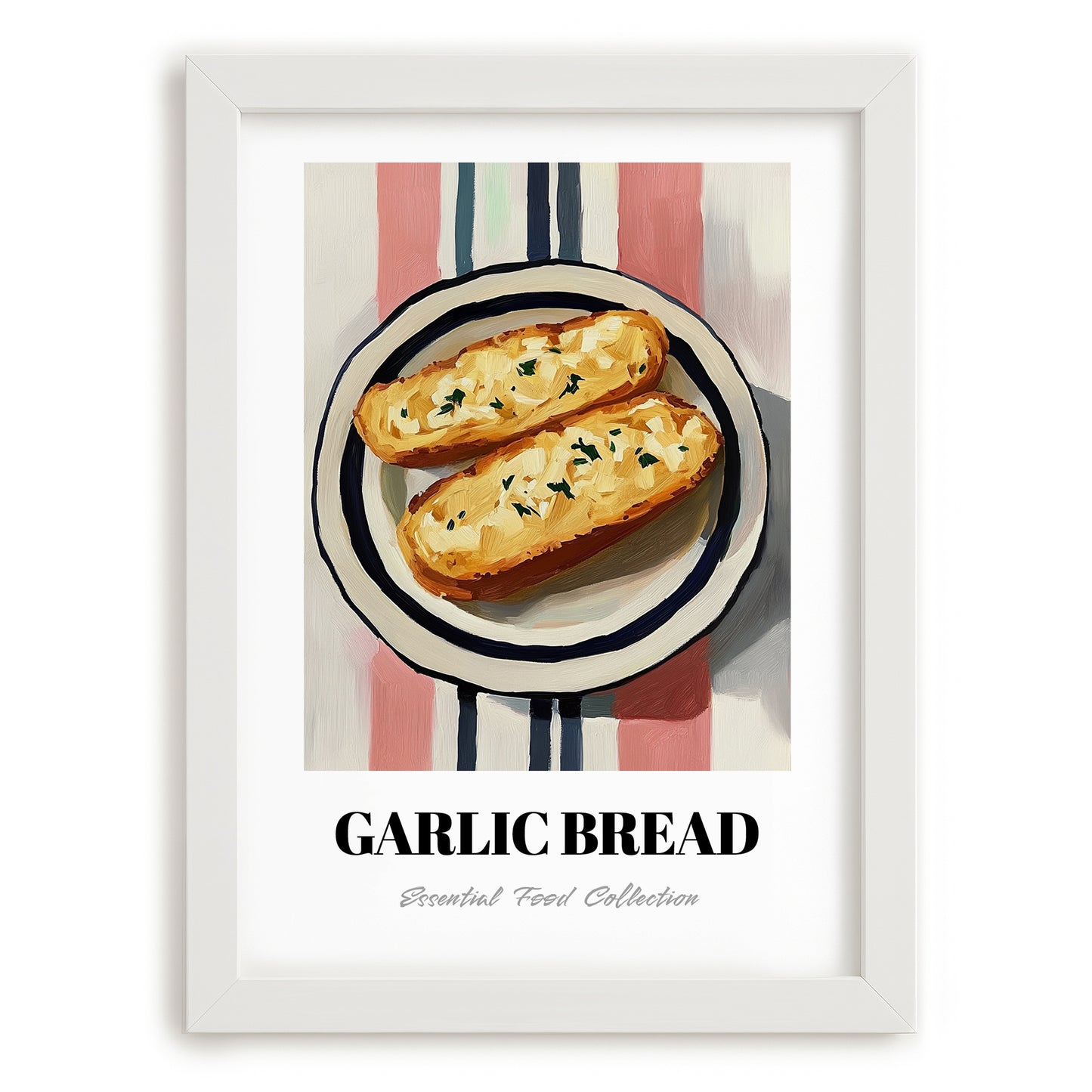 Garlic Bread – on Striped Tablecloth, Italian Food Wall Print, placed in minimal white frame