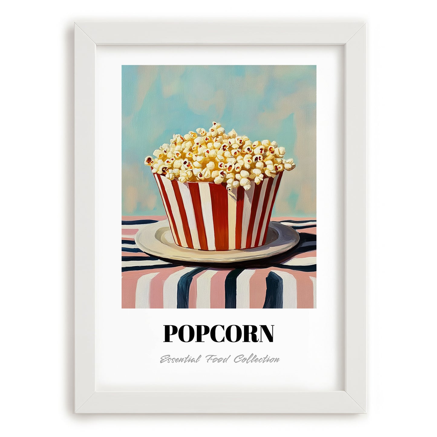 Popcorn – on Striped Tablecloth, American Food Painting, placed in minimal white frame