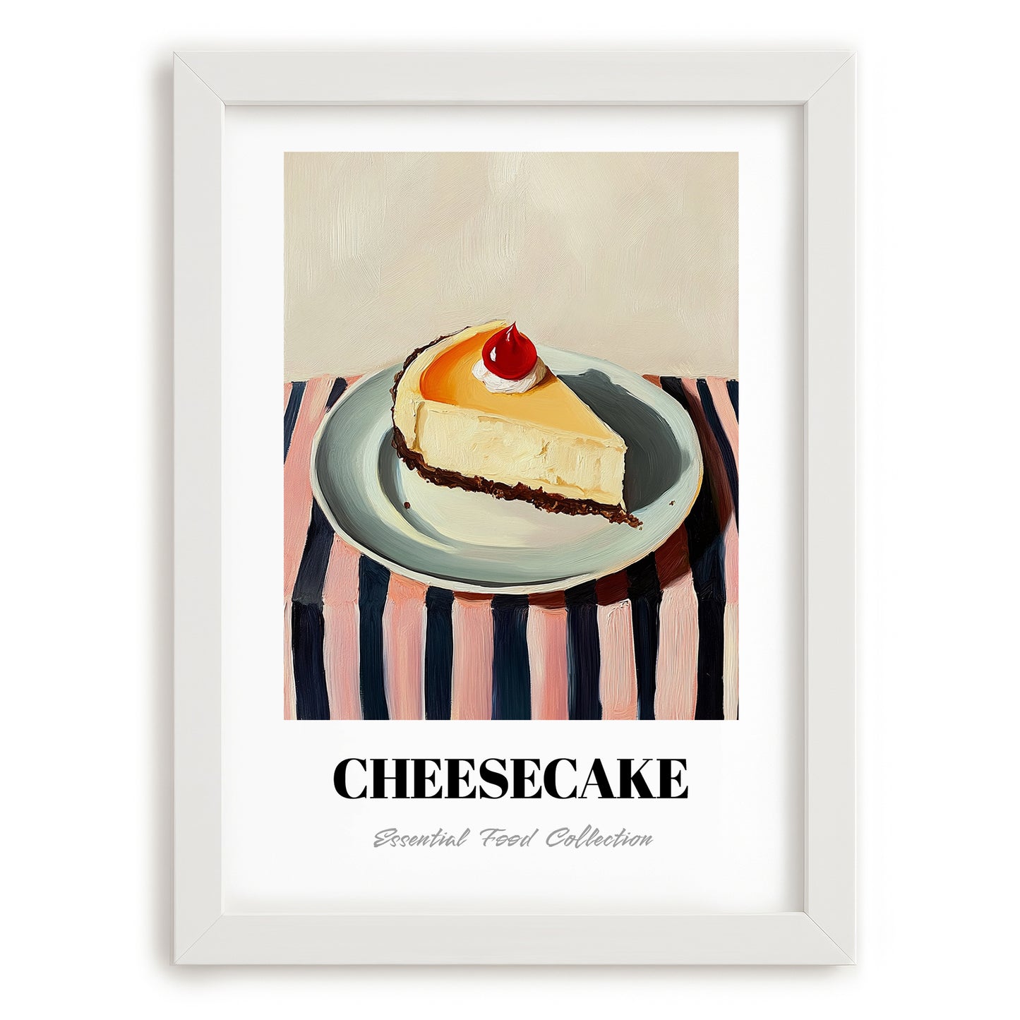 Cheesecake – on Striped Tablecloth, American Dessert Wall Decor, placed in minimal white frame