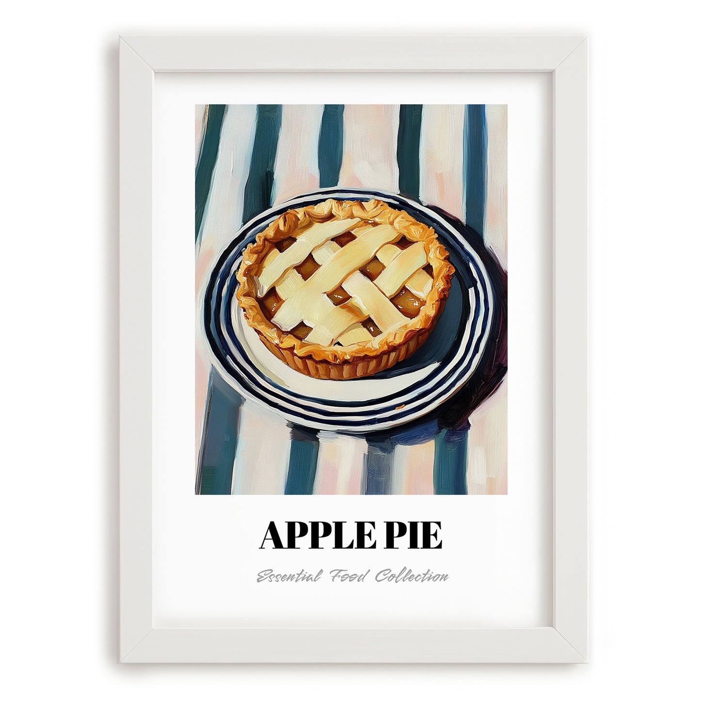 Apple Pie – on Striped Tablecloth, American Dessert Print, placed in minimal white frame