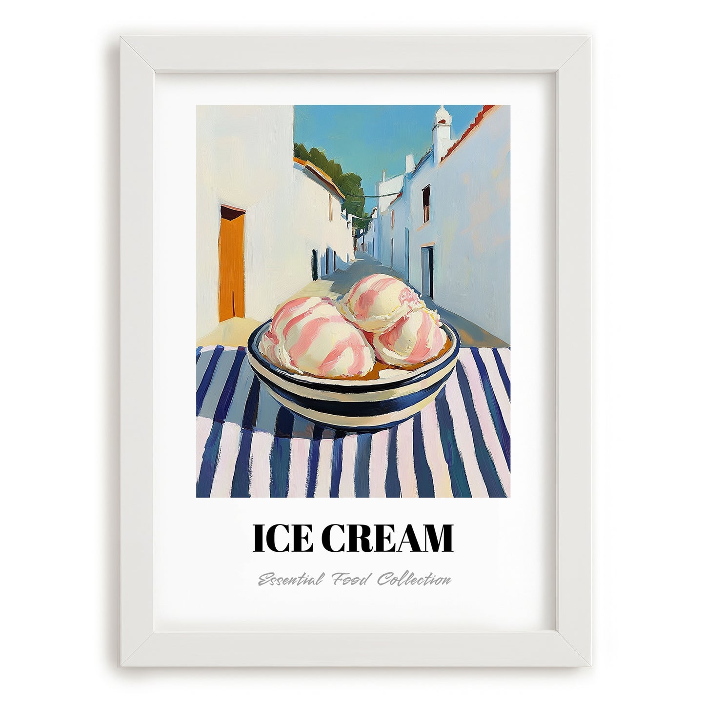 Ice Cream – White village Café on the Corner, American Ice Cream Wall Decor, placed in minimal white frame