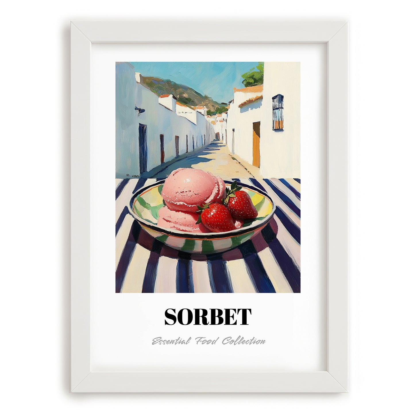 Sorbet – White village Urban Café Scene, French Ice Cream Illustration, placed in minimal white frame