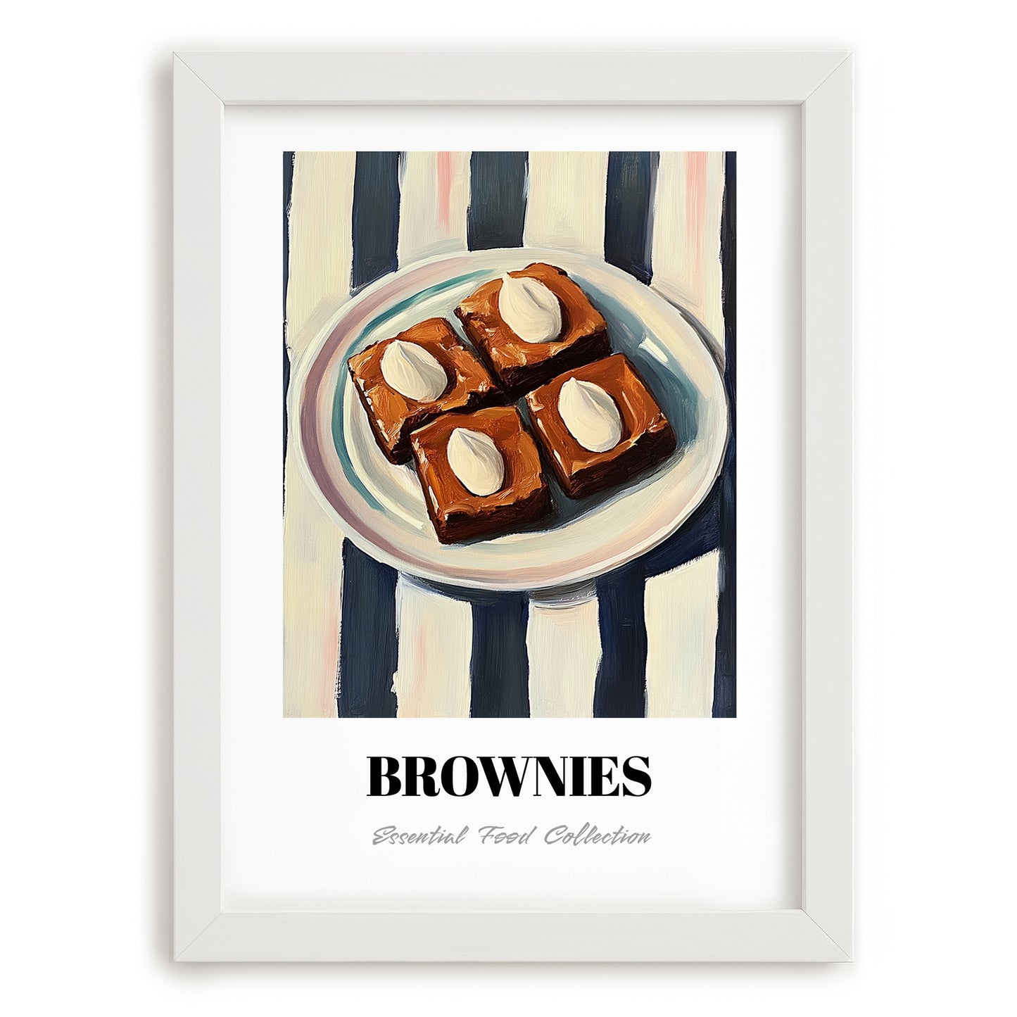 Brownies – on Striped Tablecloth, American Dessert Illustration, placed in minimal white frame