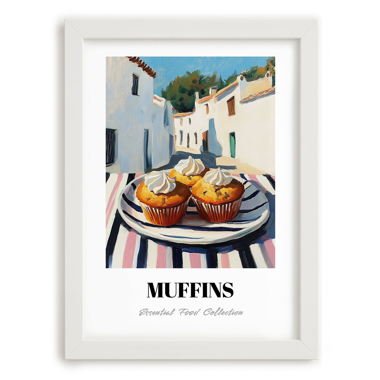 Muffins – White village Street Café Scene, American Pastry Print, placed in minimal white frame