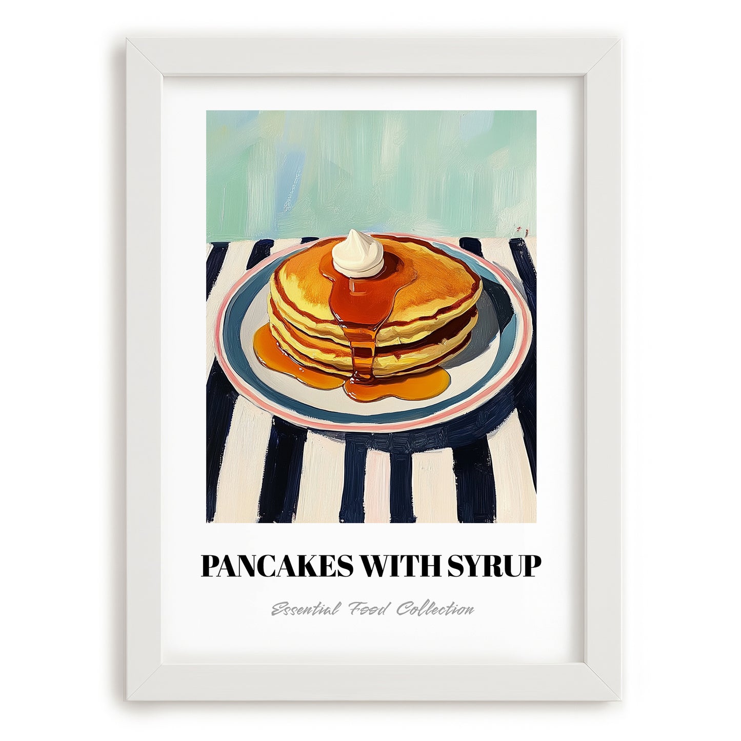 Pancakes With Syrup – on Striped Tablecloth, American Pastry Wall Decor, placed in minimal white frame