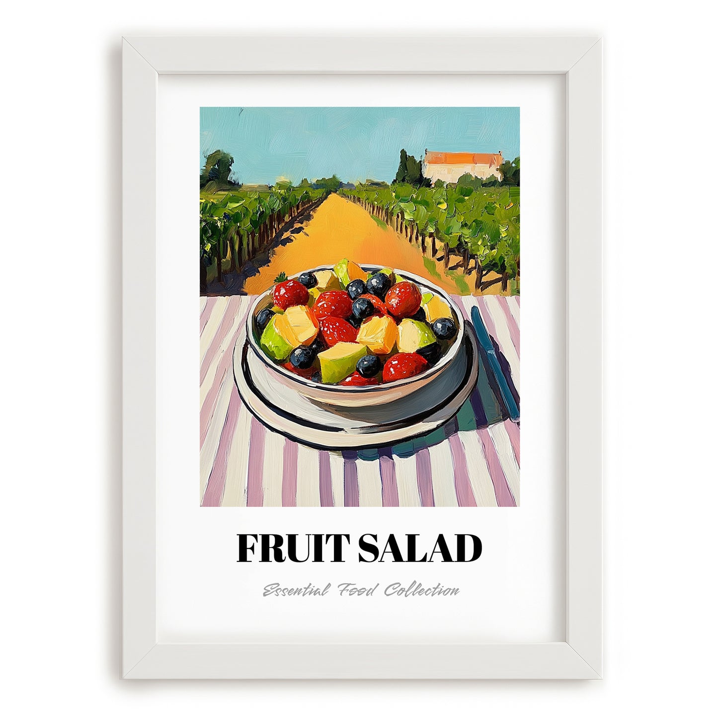 Fruit Salad – Hilltop Table Scene, American Food Wall Decor, placed in minimal white frame