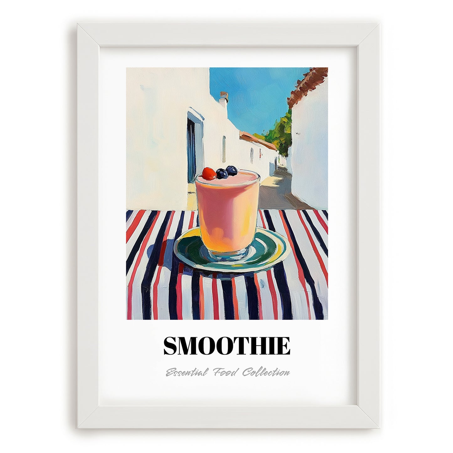 Smoothie – White village Urban Café Scene, American Drink Illustration, placed in minimal white frame