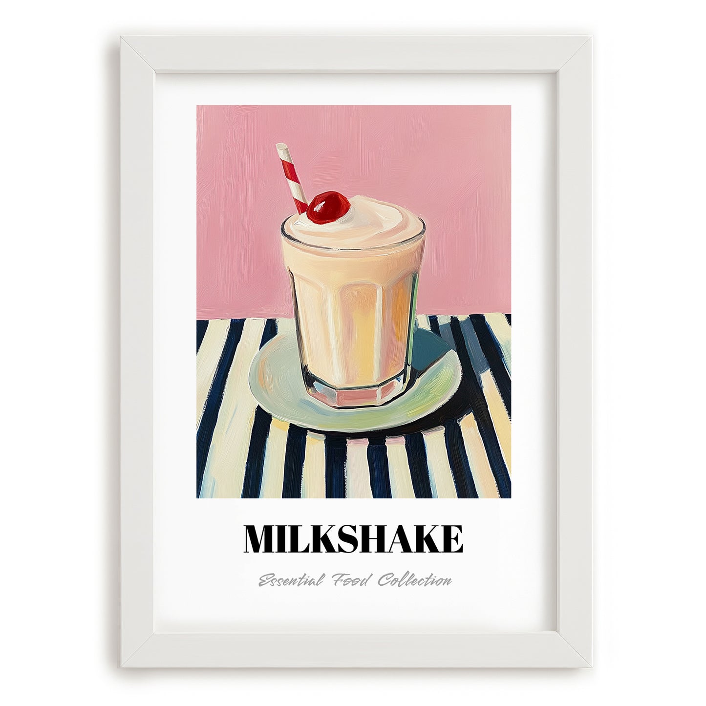 Milkshake – on Striped Tablecloth, American Drink Illustration, placed in minimal white frame