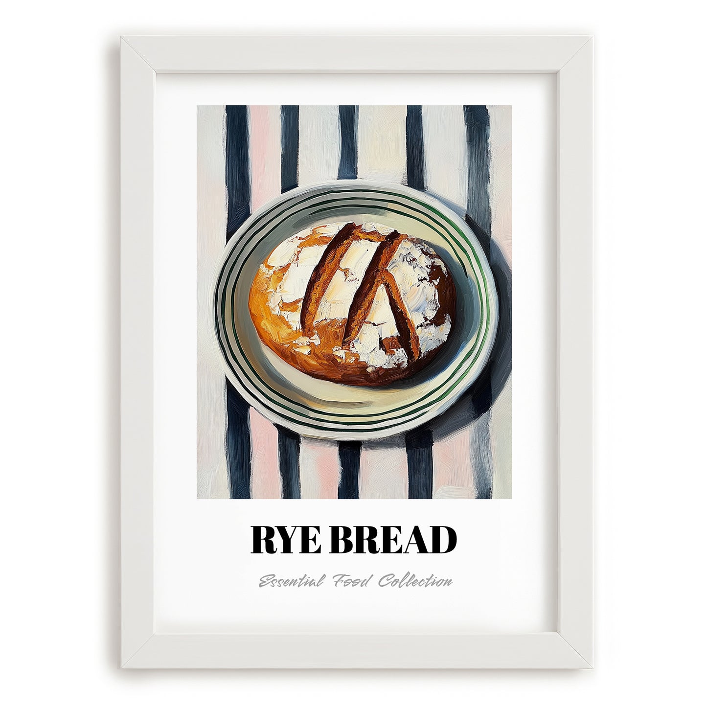 Rye Bread – on Striped Tablecloth, German Food Illustration, placed in minimal white frame