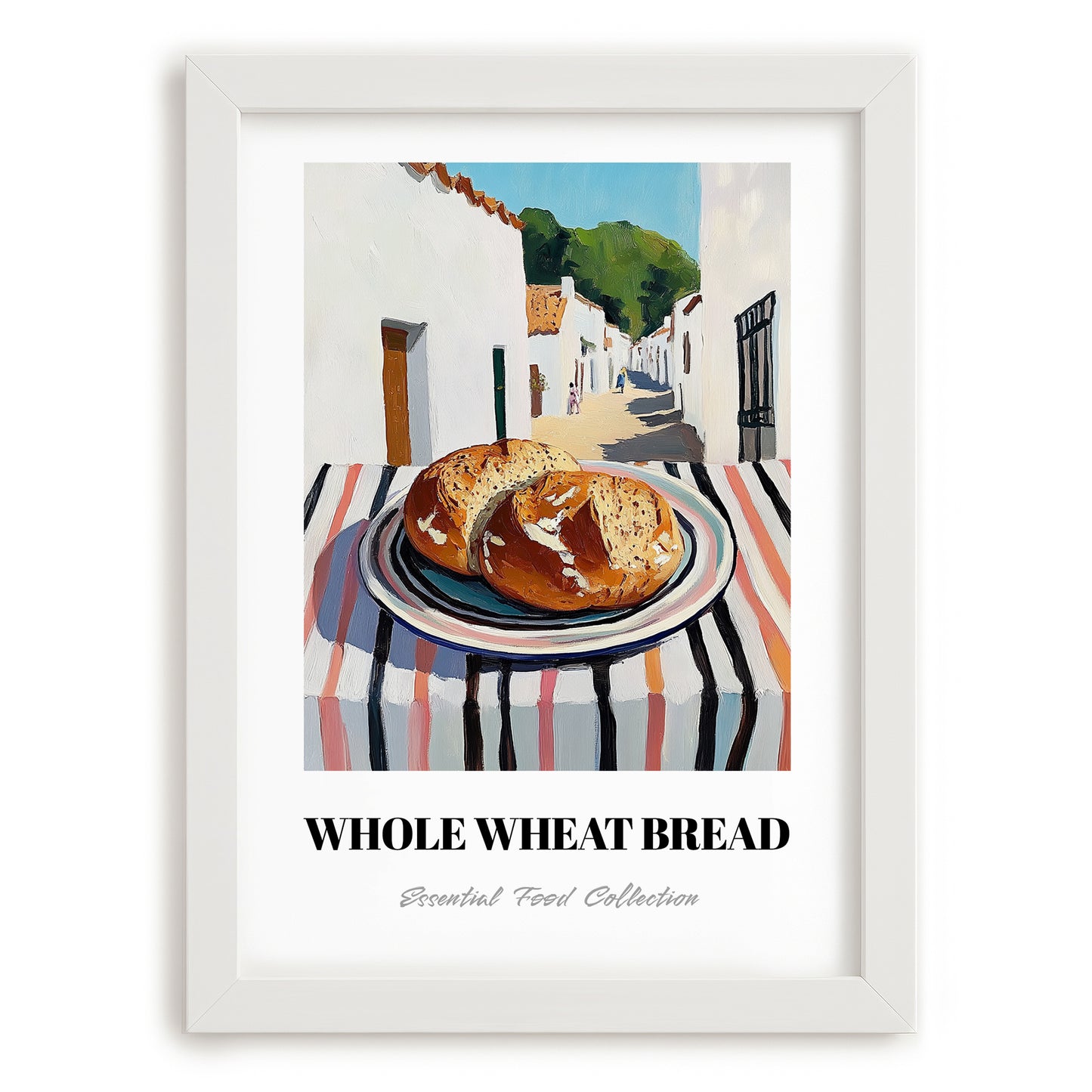 Whole Wheat Bread – White village Street Café Scene, American Food Wall Decor, placed in minimal white frame