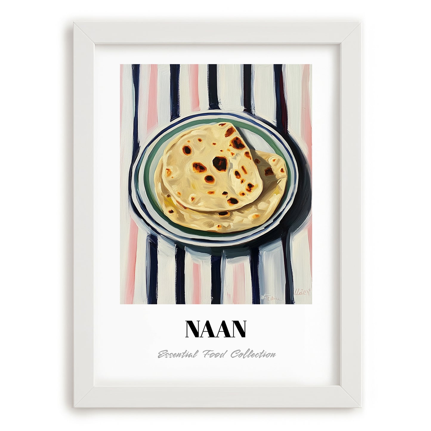 Naan – on Striped Tablecloth, Indian Food Still Life, placed in minimal white frame