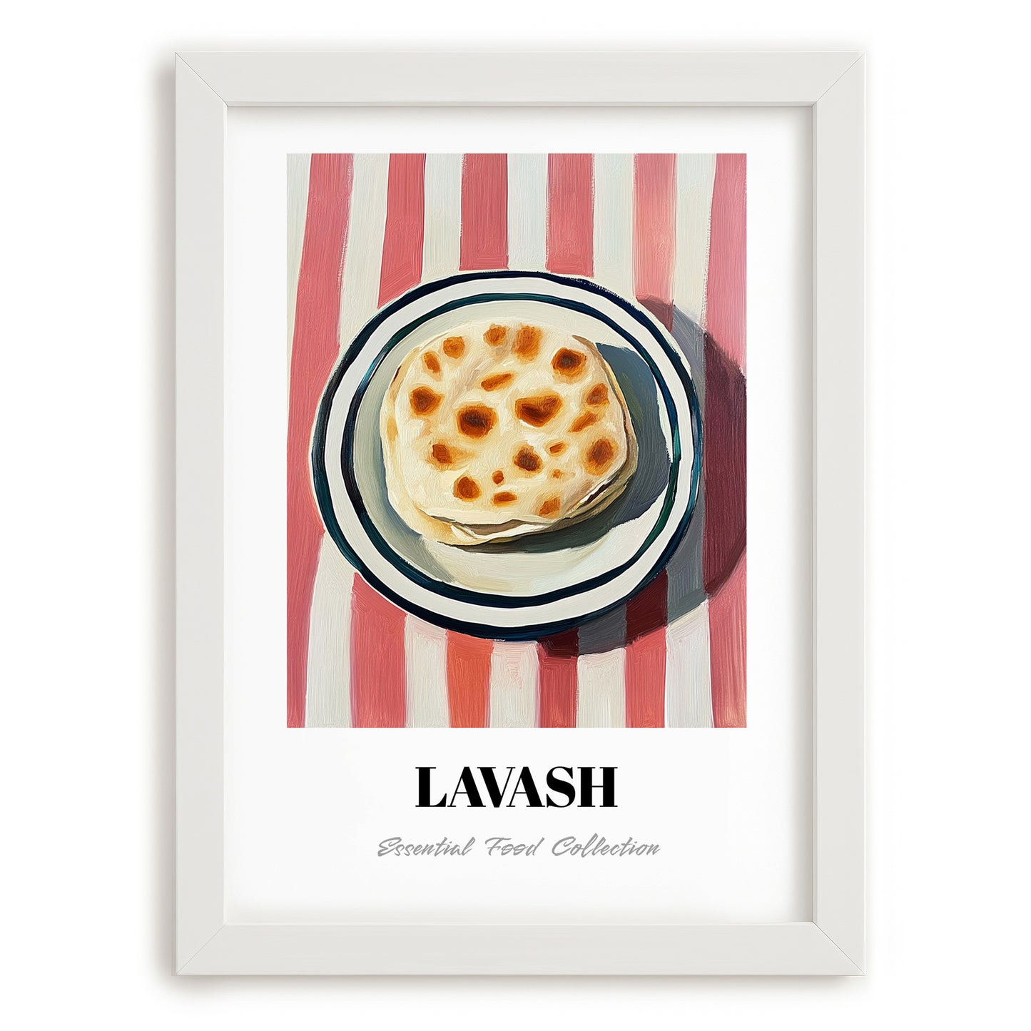 Lavash – on Striped Tablecloth, Armenian Food Poster, placed in minimal white frame