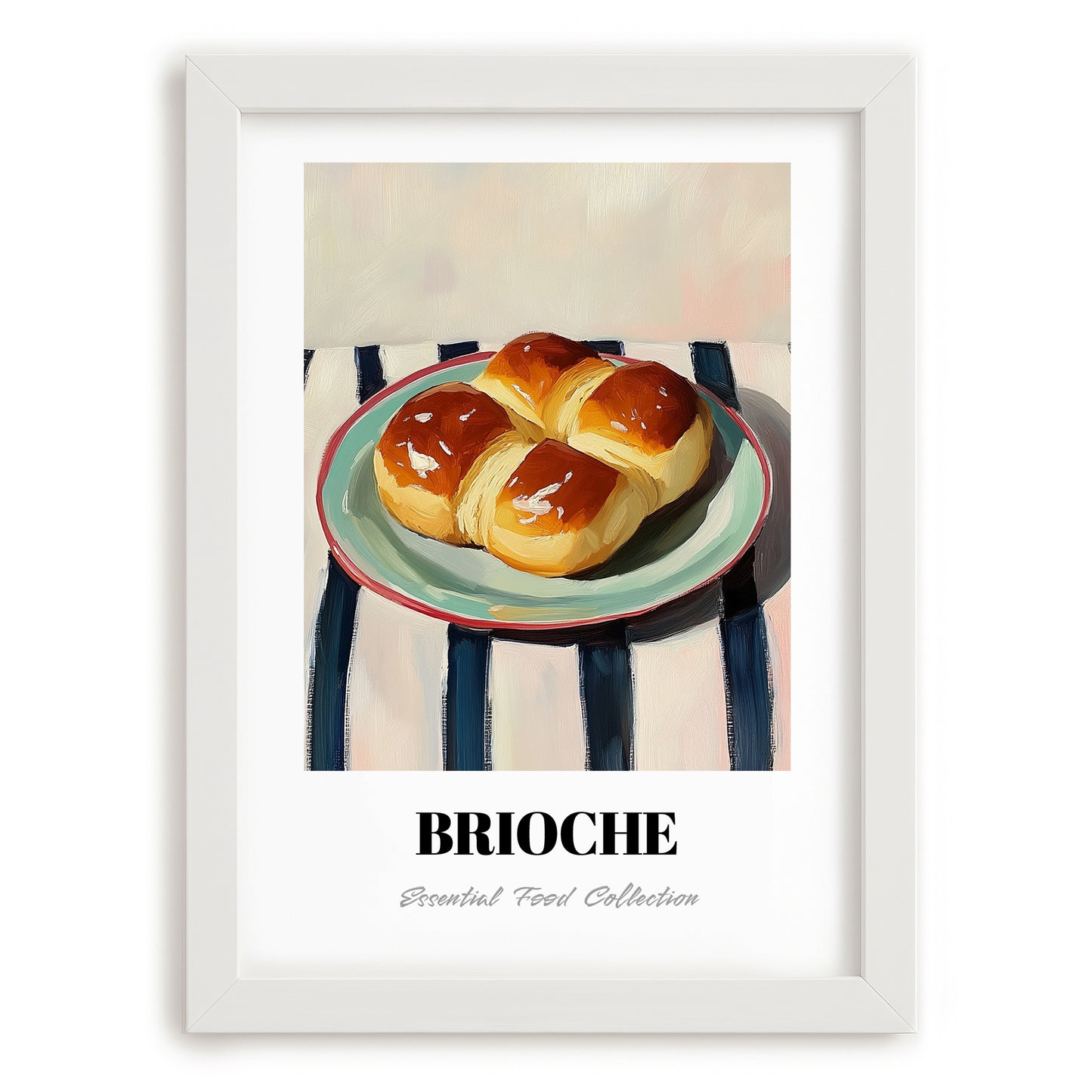 Brioche – on Striped Tablecloth, French Pastry Painting, placed in minimal white frame