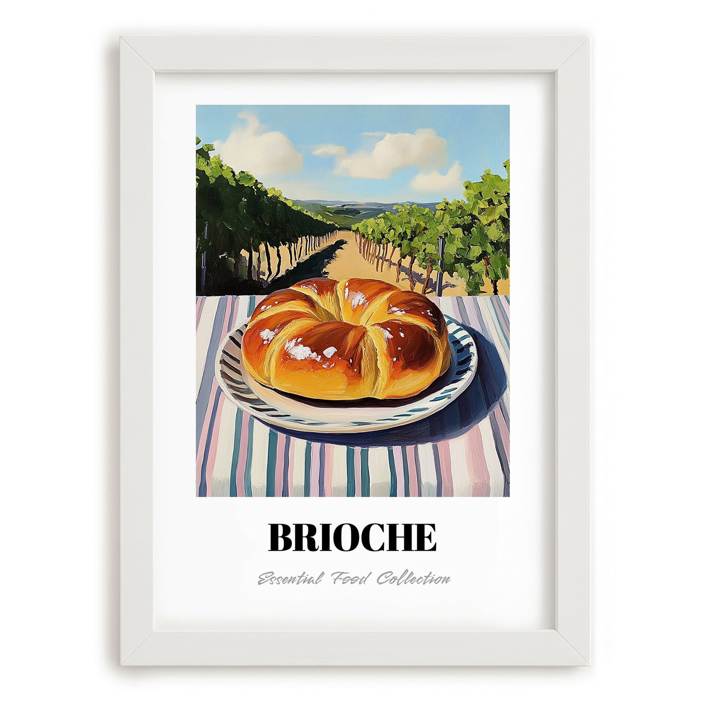 Brioche – Hillside Café View, French Pastry Wall Decor, placed in minimal white frame