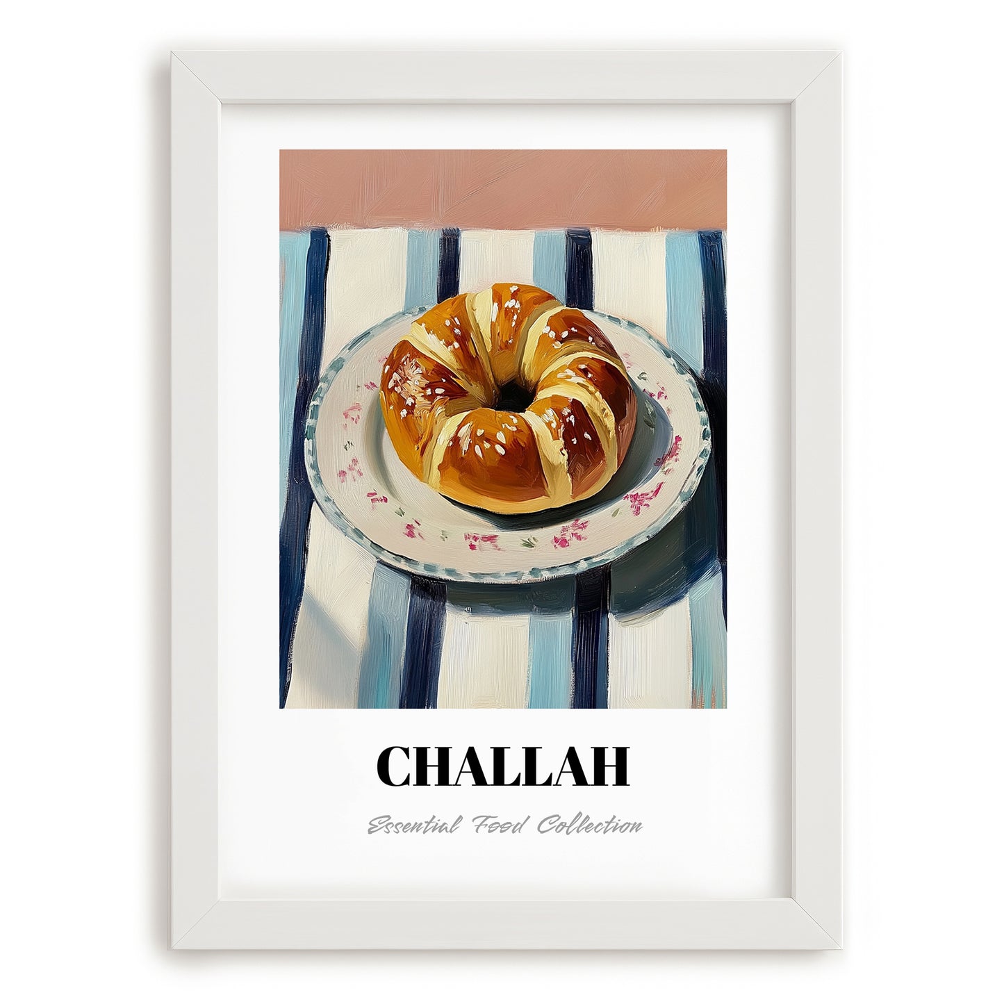 Challah – on Striped Tablecloth, Jewish Food Poster, placed in minimal white frame