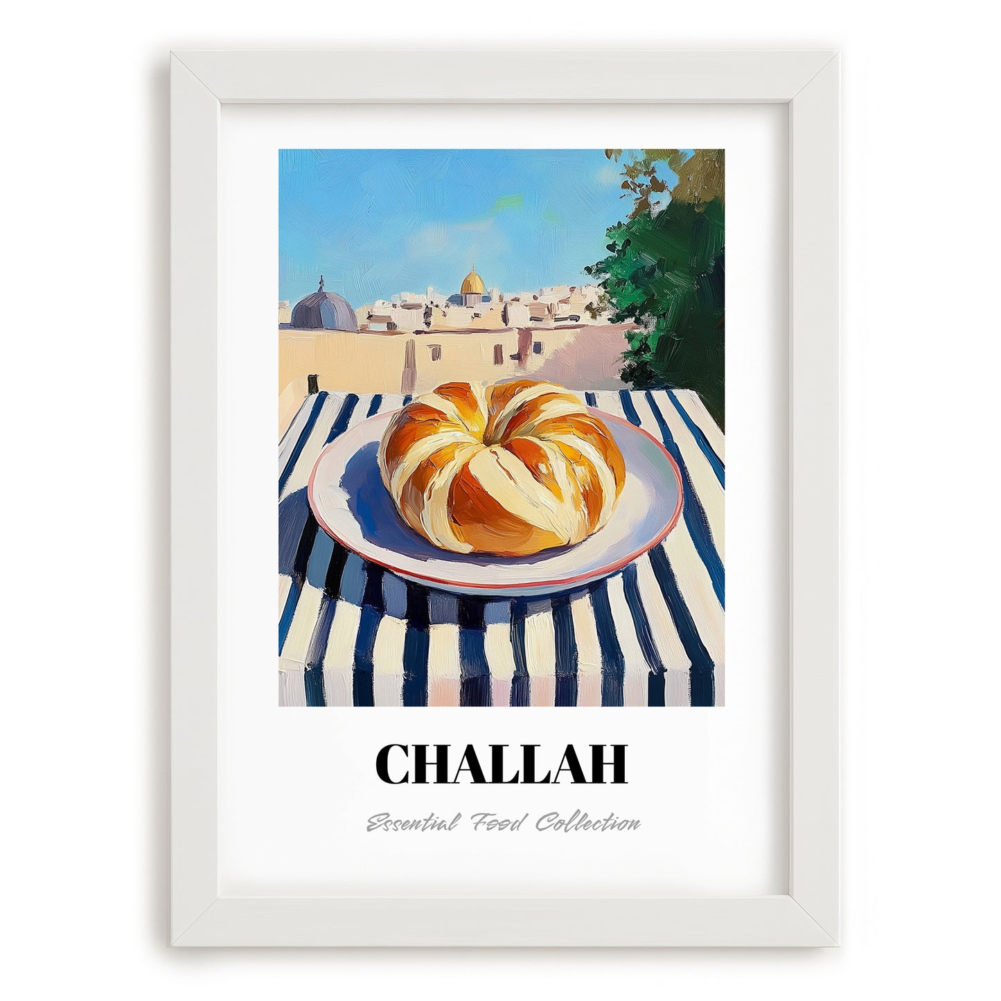 Challah – Jerusalem Skyline Scene, Jewish Food Illustration, placed in minimal white frame