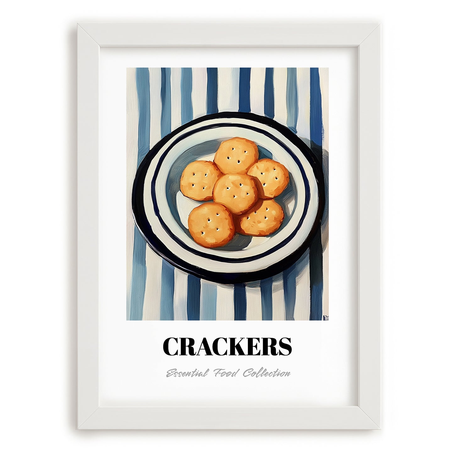 Crackers – on Striped Tablecloth, American Food Painting, placed in minimal white frame