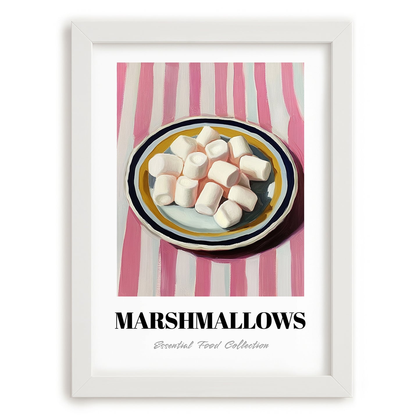 Marshmallows – on Striped Tablecloth, American Dessert Wall Illustration, placed in minimal white frame