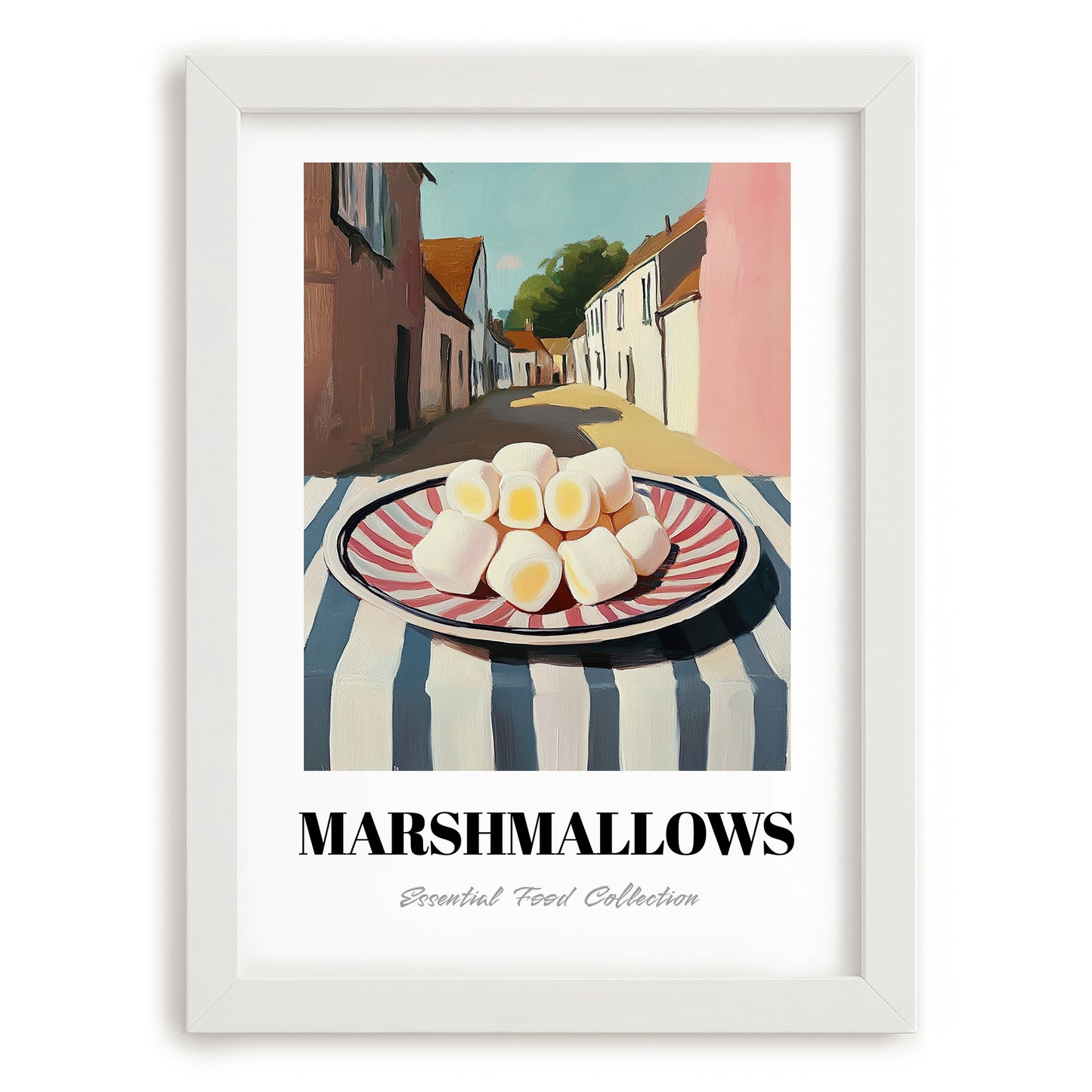 Marshmallows – English village Street Café Scene, American Dessert Wall Illustration, placed in minimal white frame