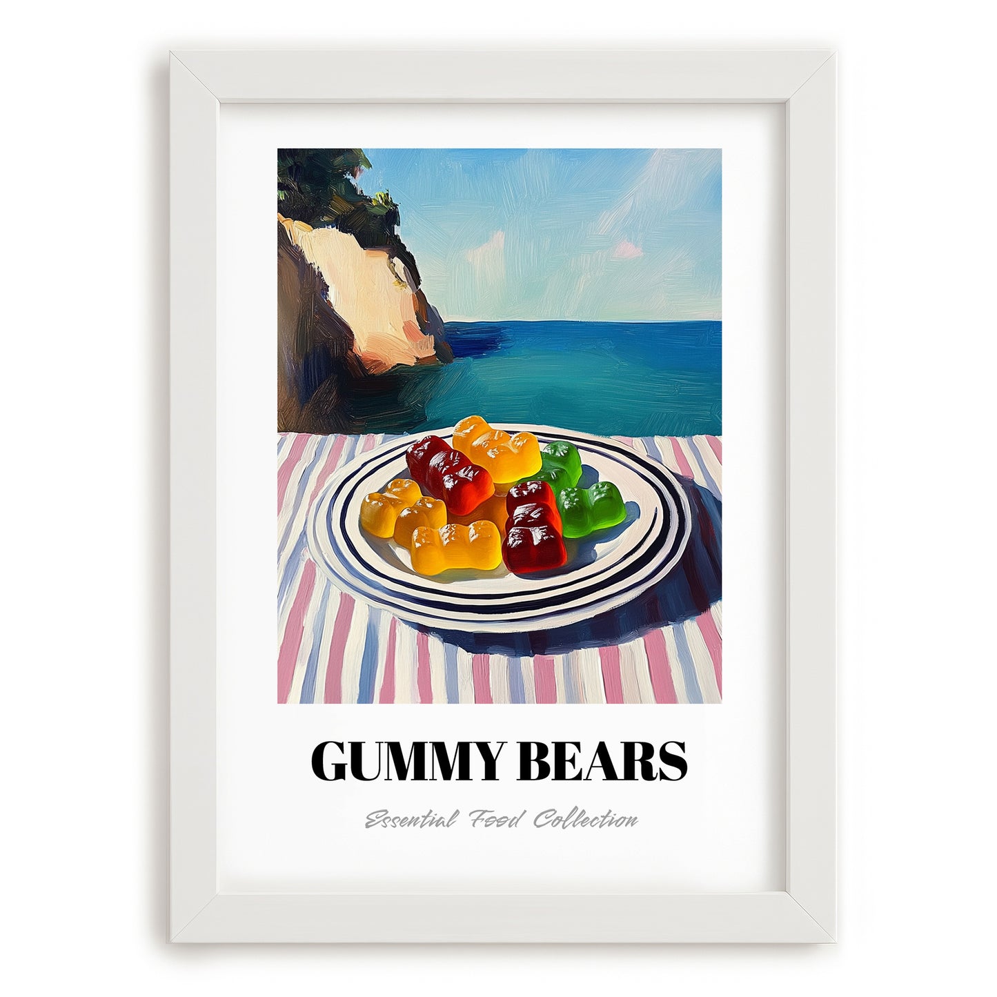 Gummy Bears – Coastal Café Moment, German Dessert Wall Decor, placed in minimal white frame