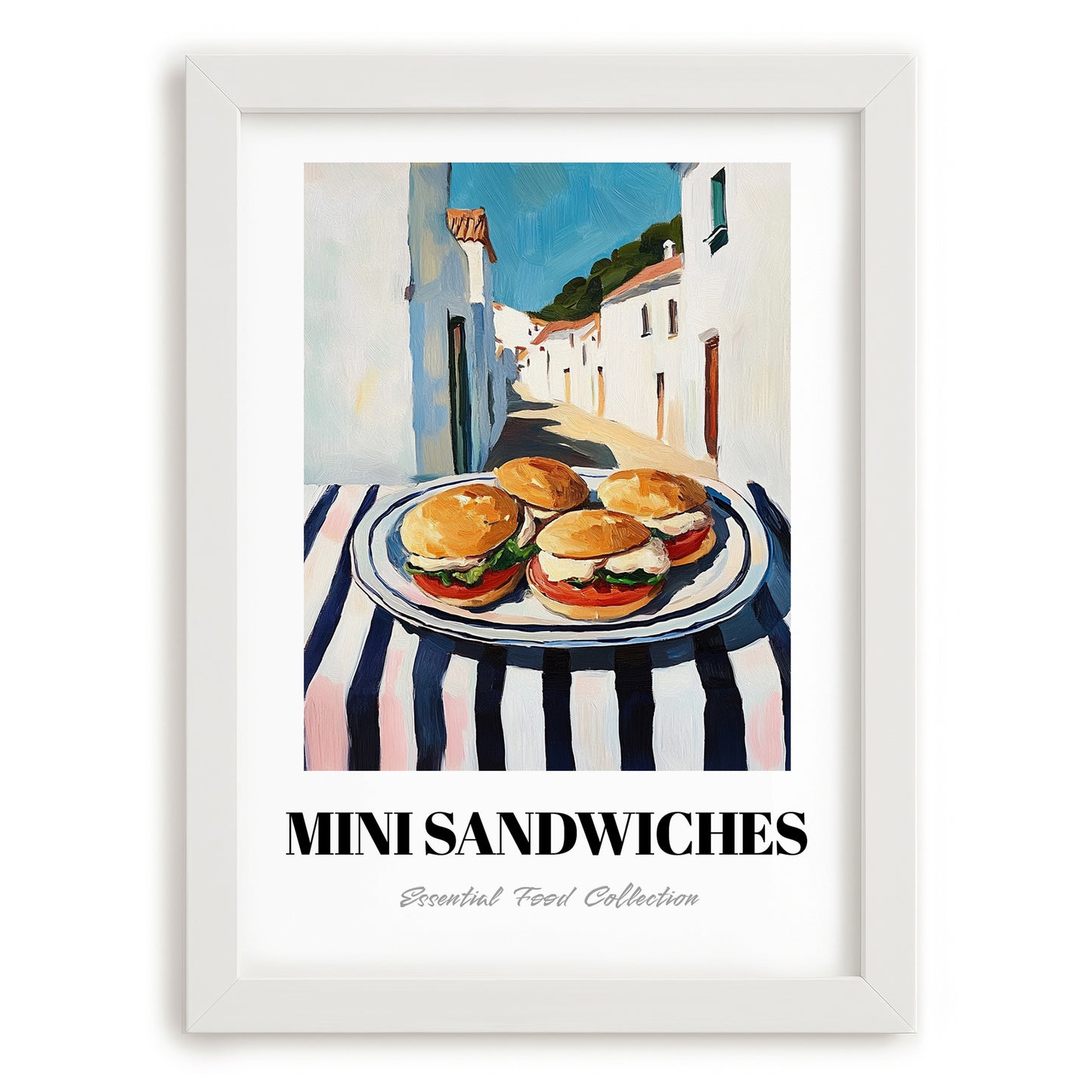 Mini Sandwiches – White village Urban Café Scene, British Food Wall Decor, placed in minimal white frame