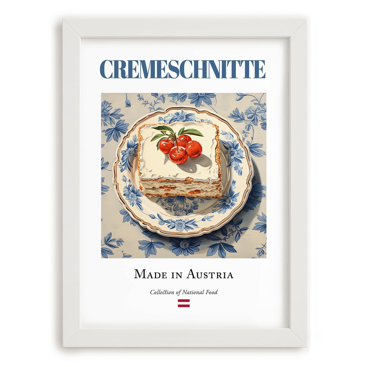 Cremeschnitte – Austrian Dessert Dish, Café Illustration, placed in minimal white frame