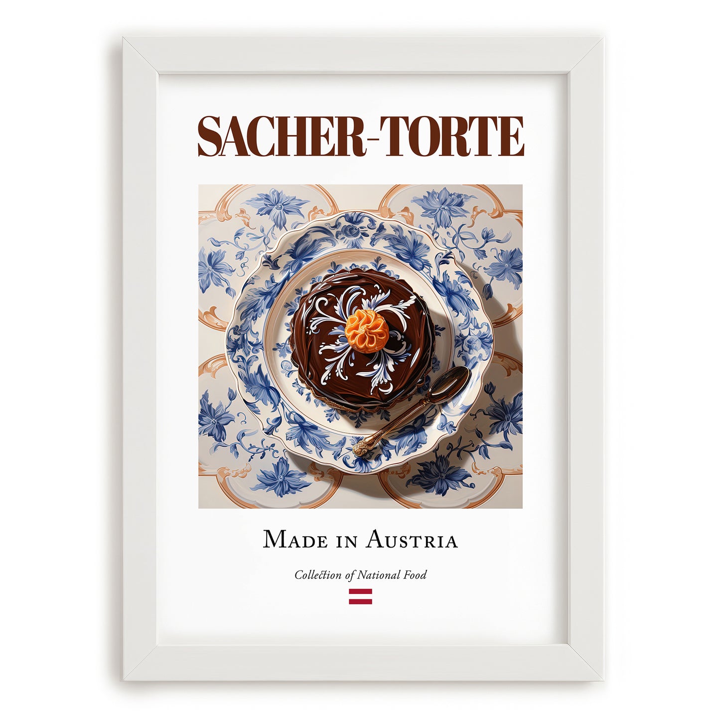 Sacher-Torte – Austrian Dessert Dish, Brasserie Illustration, placed in minimal white frame