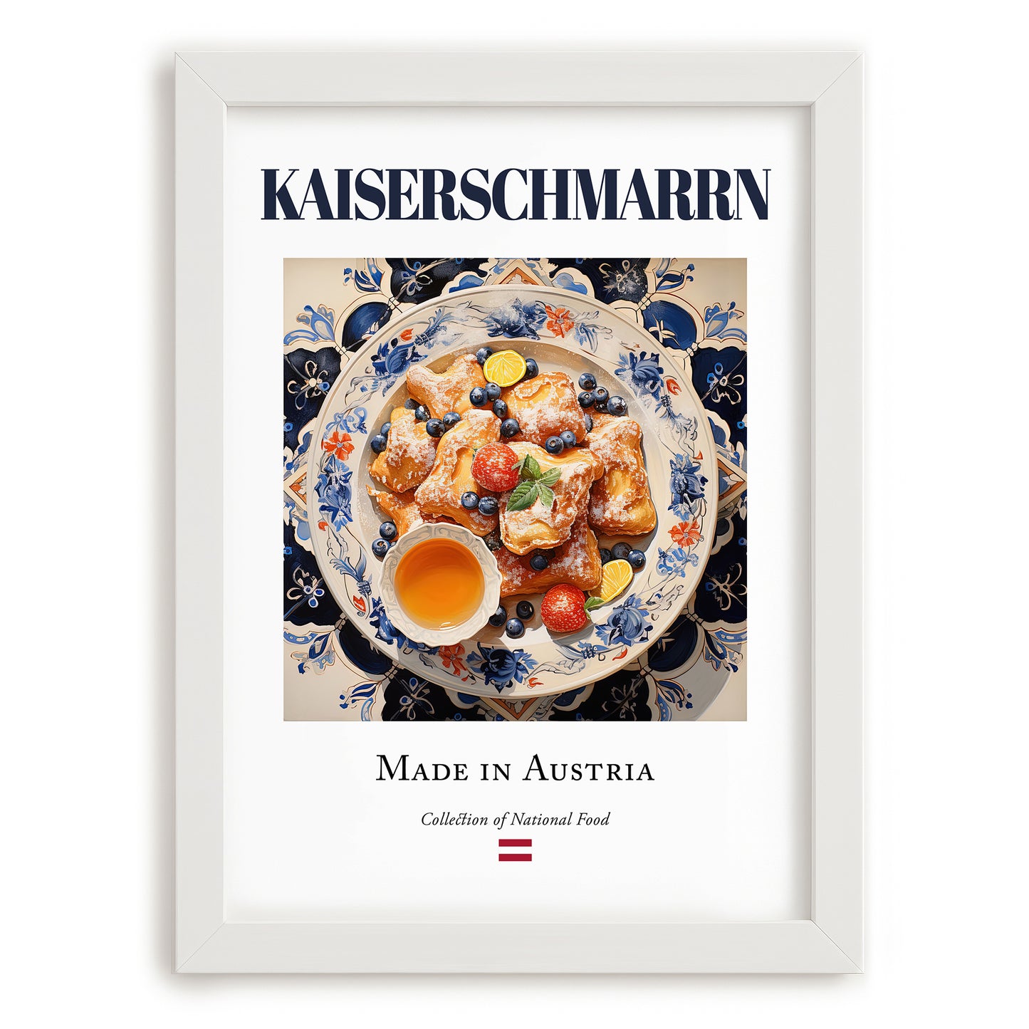 Kaiserschmarrn – Austrian Dessert Dish, Bistro Poster, placed in minimal white frame