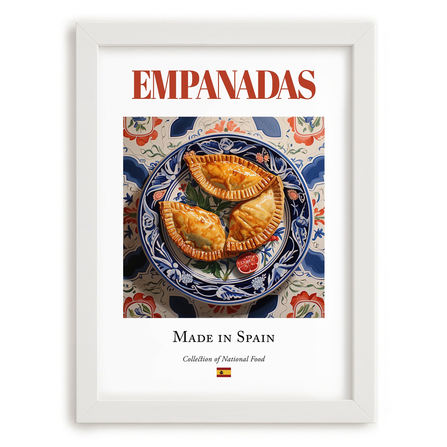 Empanadas – Spanish Snack Dish, Bistro Painting, placed in minimal white frame