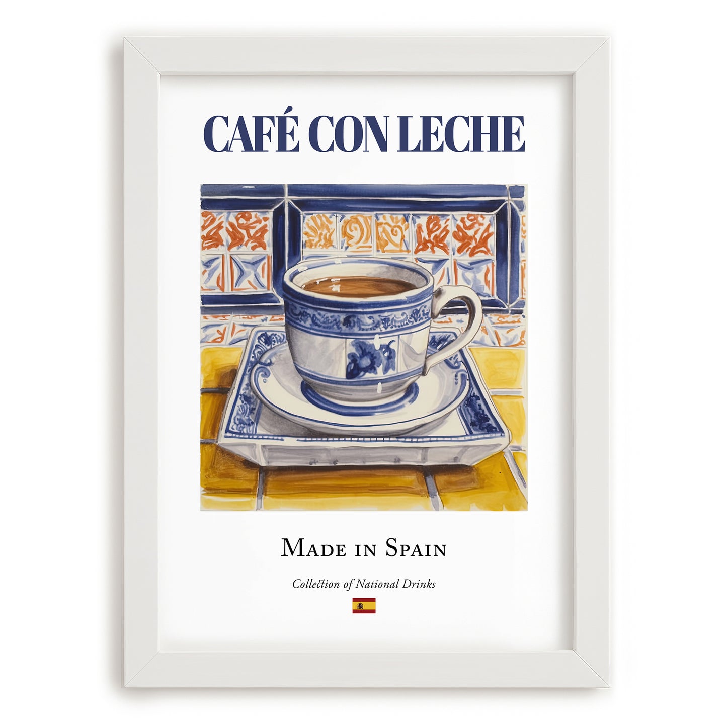 Café con Leche – Spanish Coffee, Street Café Poster, placed in minimal white frame