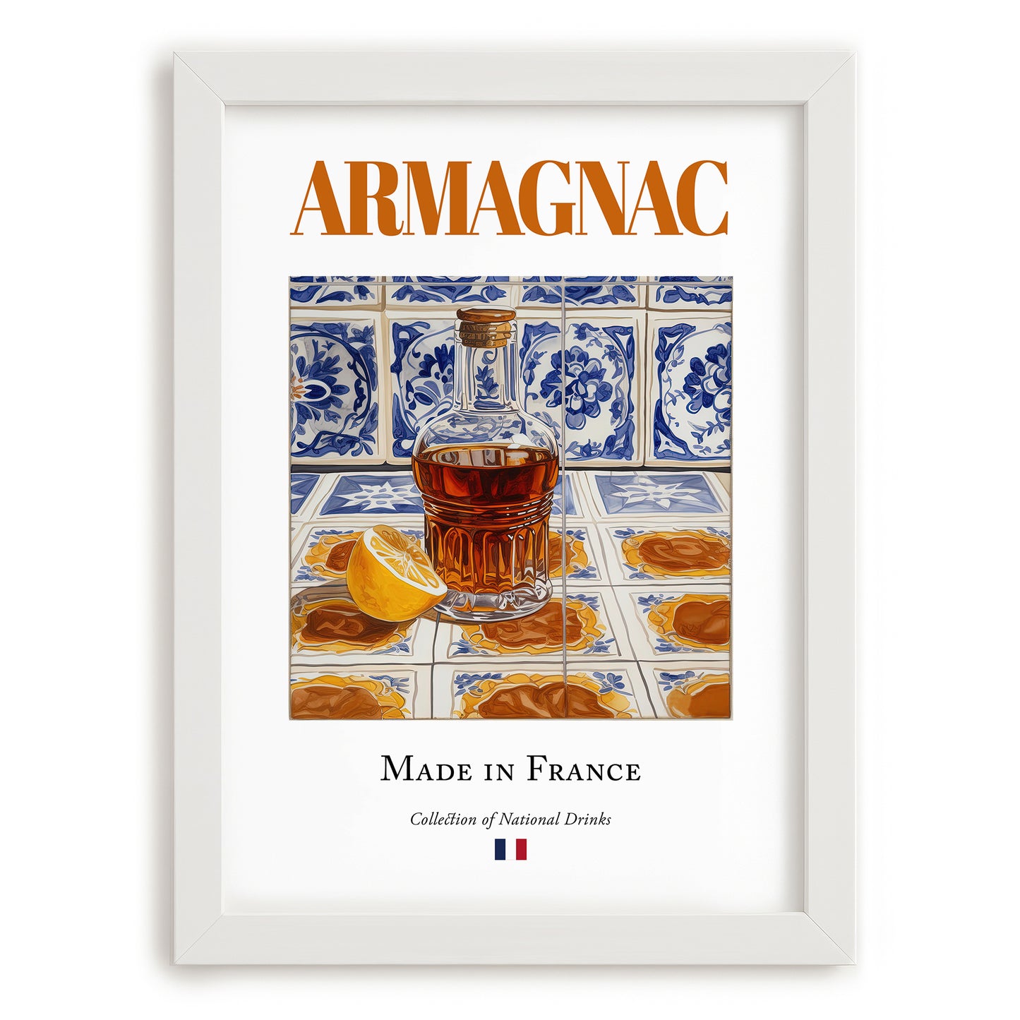 Armagnac – French Spirit Drink, Jazz Bar Poster, placed in minimal white frame
