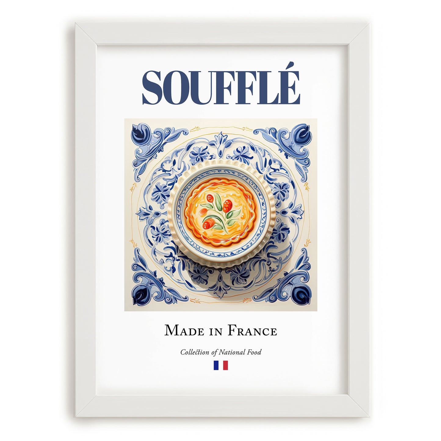 Soufflé – French Dish, Brasserie Print, placed in minimal white frame