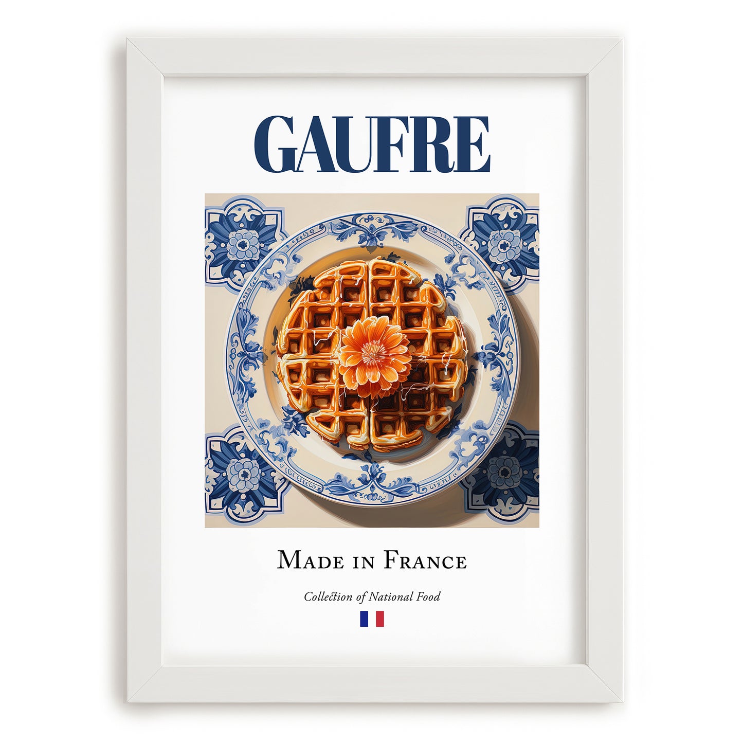 Gaufre – French Dessert Dish, Farmhouse Kitchen Print, placed in minimal white frame