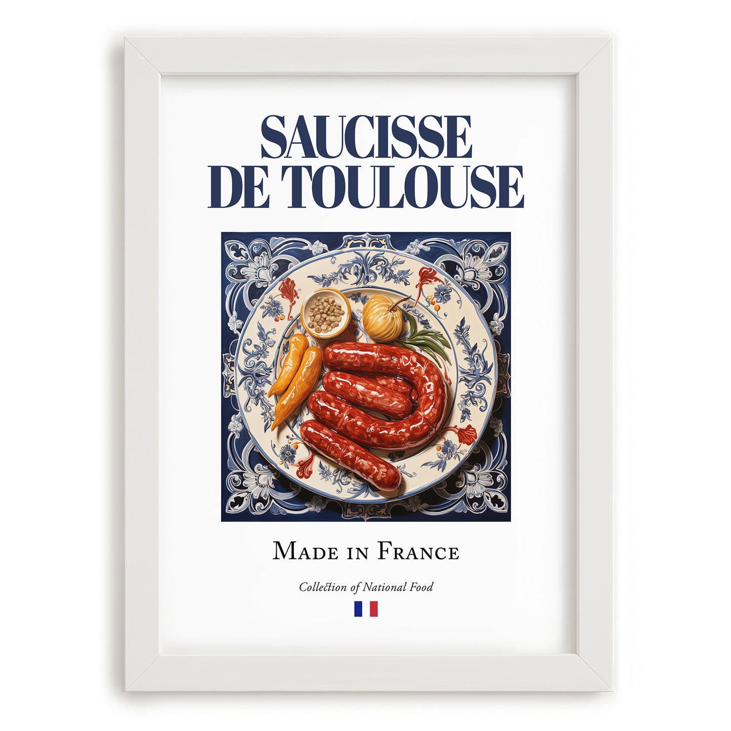Saucisse de Toulouse – French Meat Dish, Farmhouse Kitchen Illustration, placed in minimal white frame