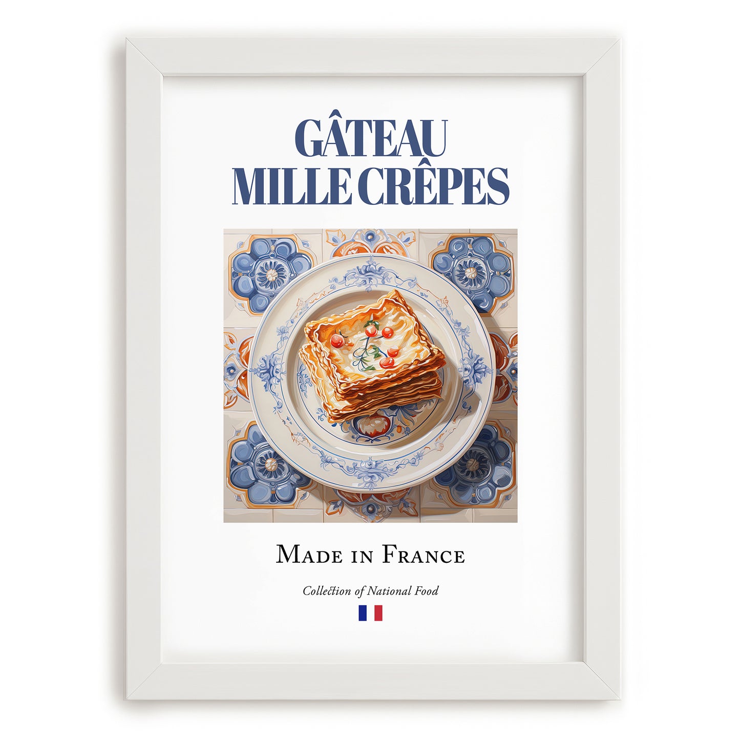 Gâteau mille crêpes – French Dessert Dish, Bistro Wall Decor, placed in minimal white frame
