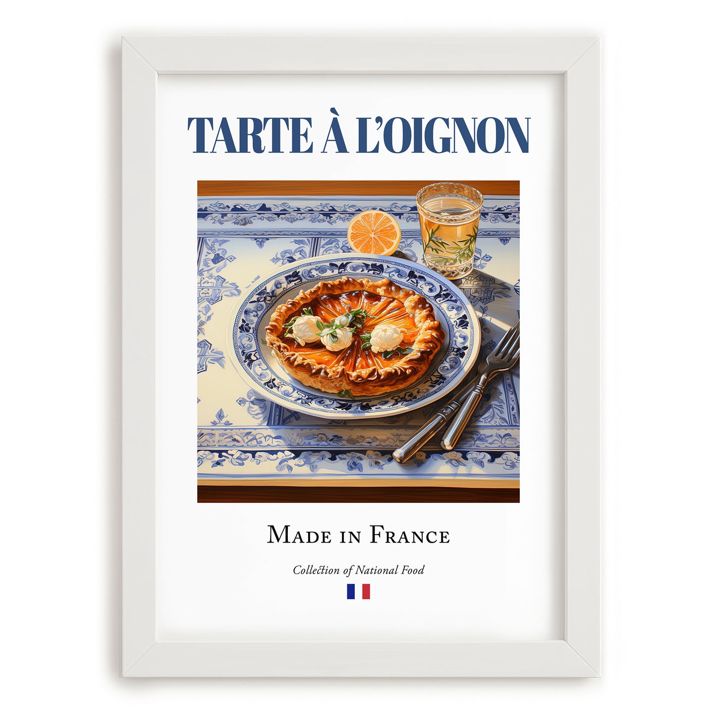 Tarte à l'oignon – French Dish, Fine Dining Restaurant Illustration, placed in minimal white frame