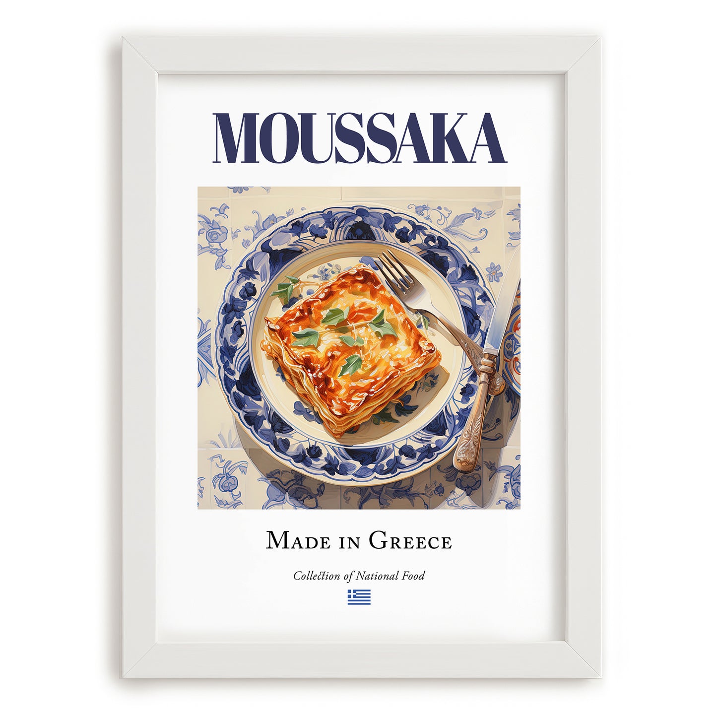Moussaka – Greek Meat Dish, Restaurant Still Life, placed in minimal white frame