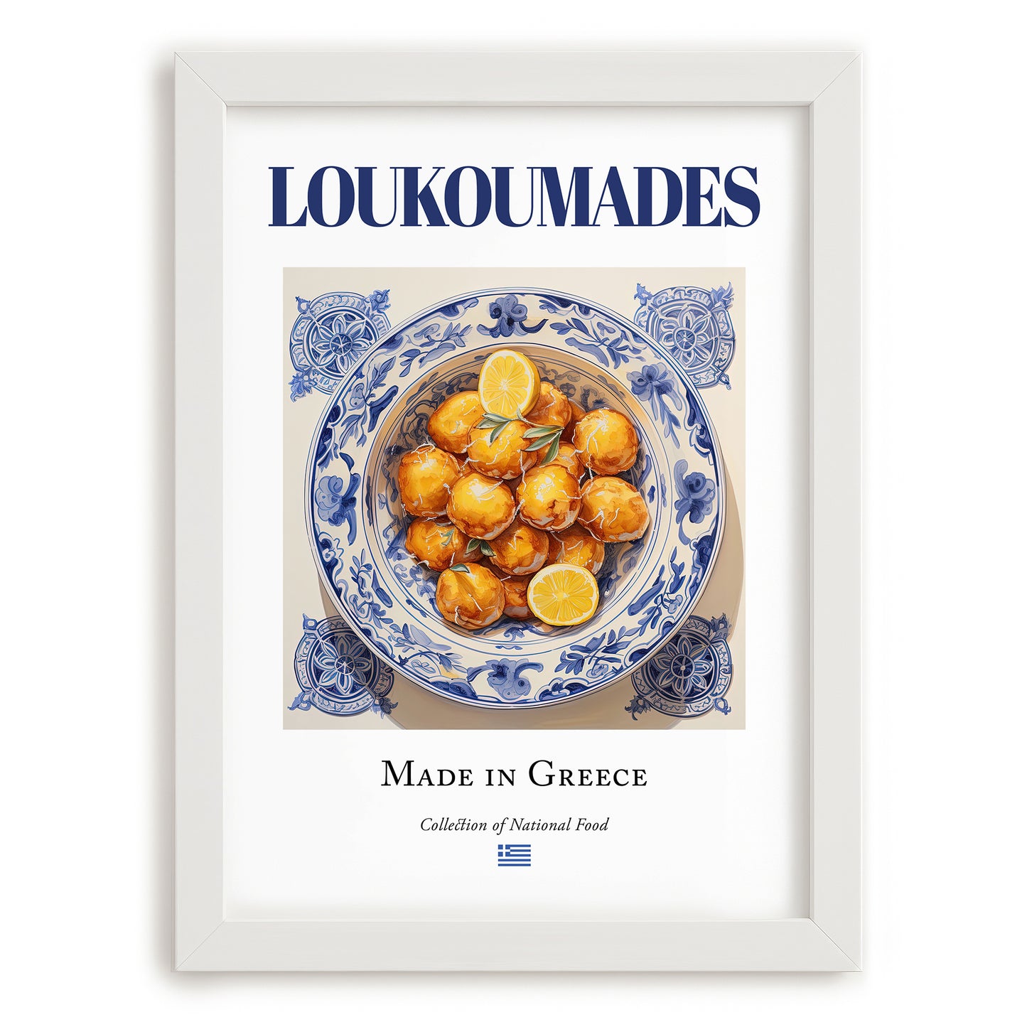 Loukoumades – Greek Dessert Dish, Farmhouse Kitchen Wall Decor, placed in minimal white frame