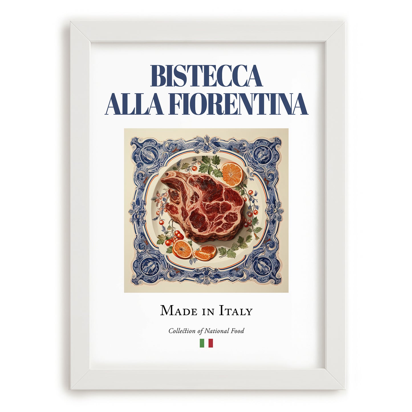 Bistecca alla Fiorentina – Italian Meat Dish, Fine Dining Restaurant Poster, placed in minimal white frame