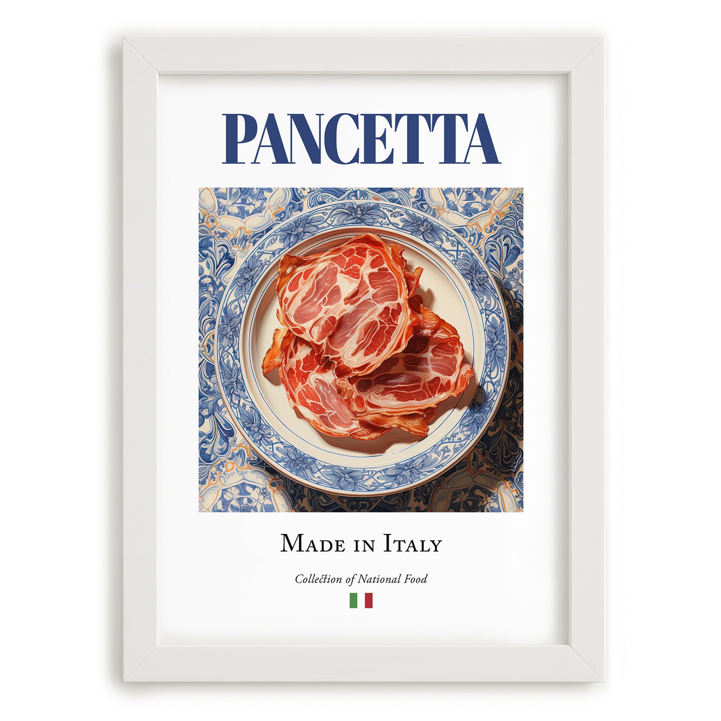 Pancetta – Italian Meat Dish, Restaurant Poster, placed in minimal white frame