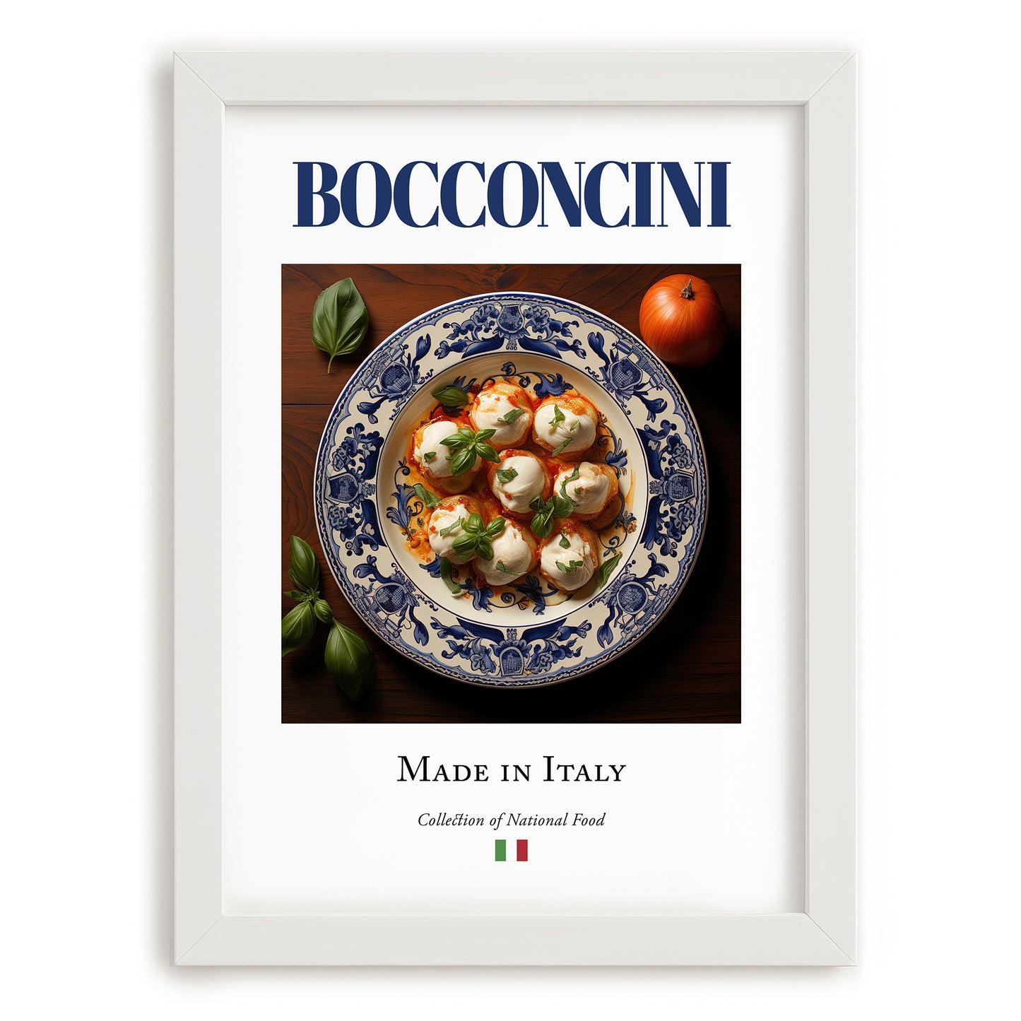 Bocconcini – Italian Cheese Dish, Farmhouse Kitchen Painting, placed in minimal white frame
