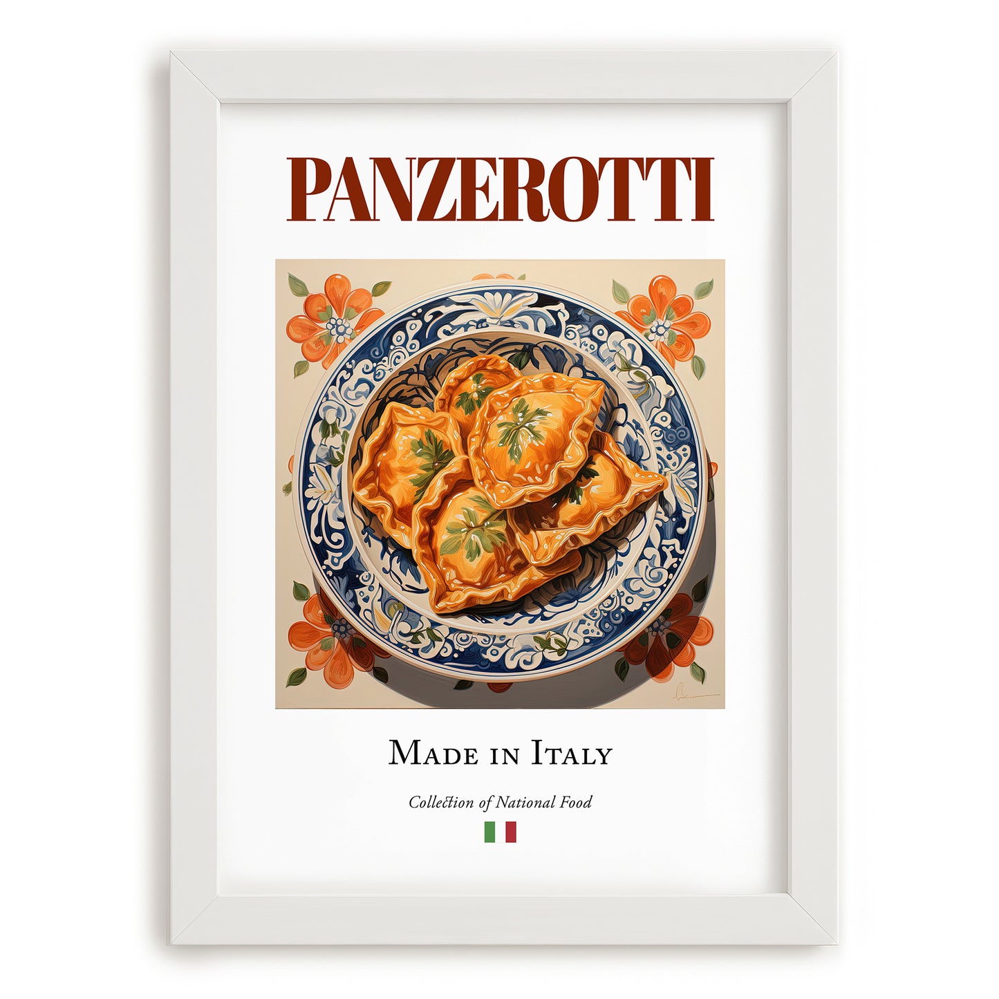 Panzerotti – Italian Dish, Farmhouse Kitchen Poster, placed in minimal white frame