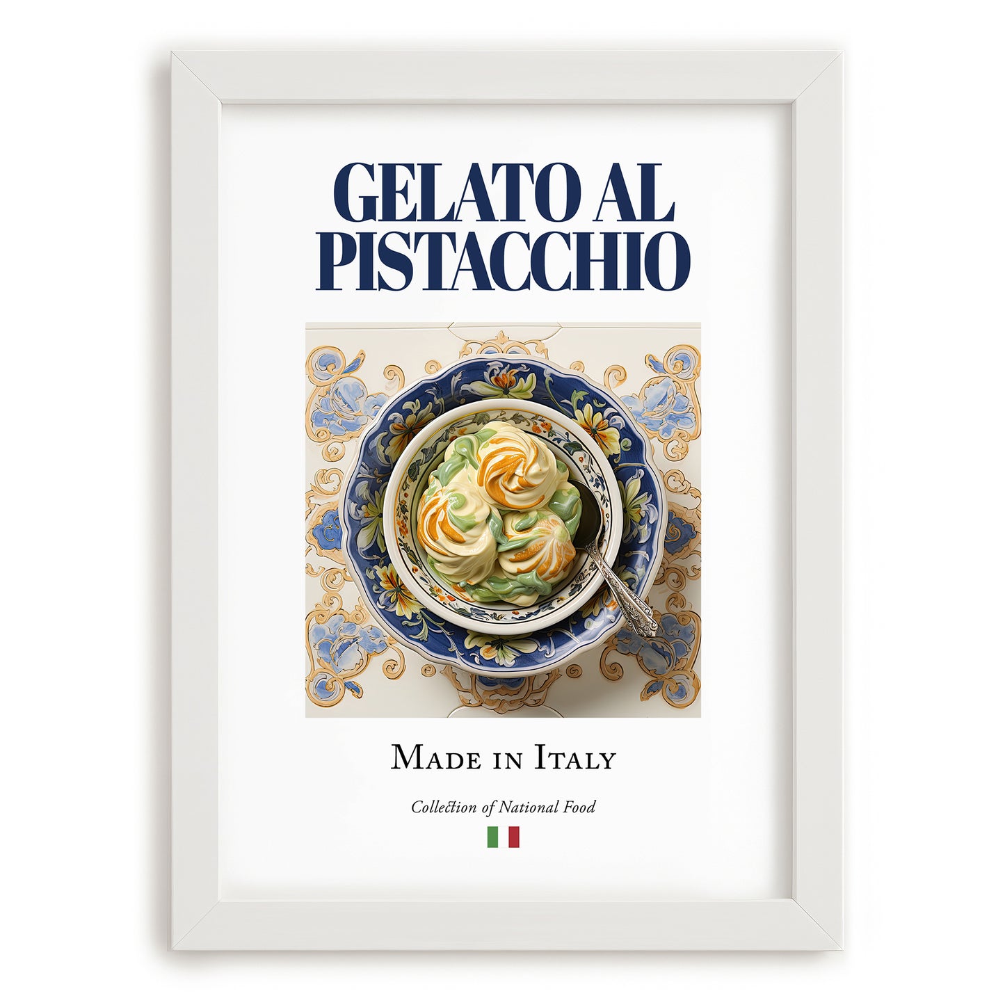 Gelato al pistacchio – Italian Dessert Dish, Brasserie Print, placed in minimal white frame