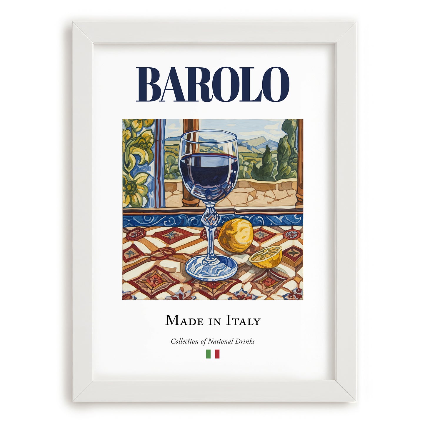 Barolo – Italian Red Wine, Wine Bar Painting, placed in minimal white frame