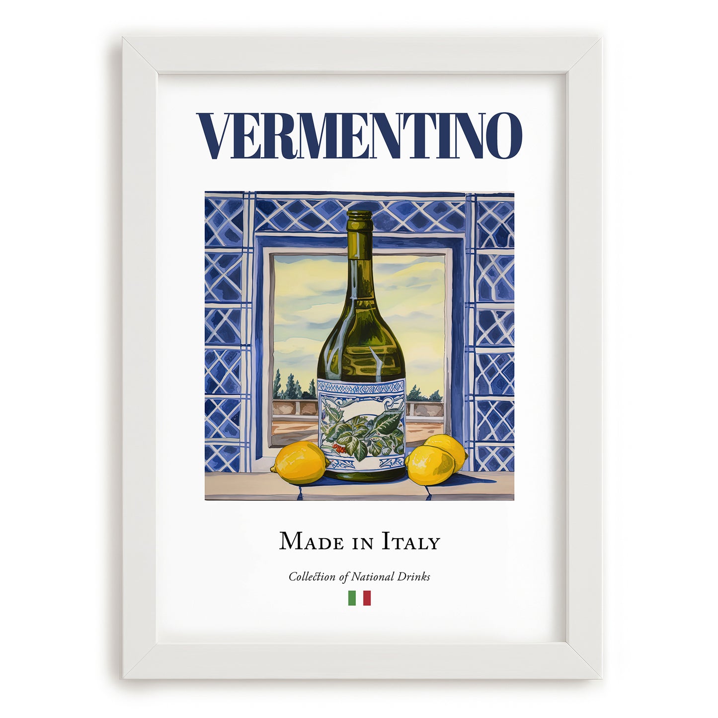 Vermentino – Italian White Wine, Vineyard Terrace Illustration, placed in minimal white frame