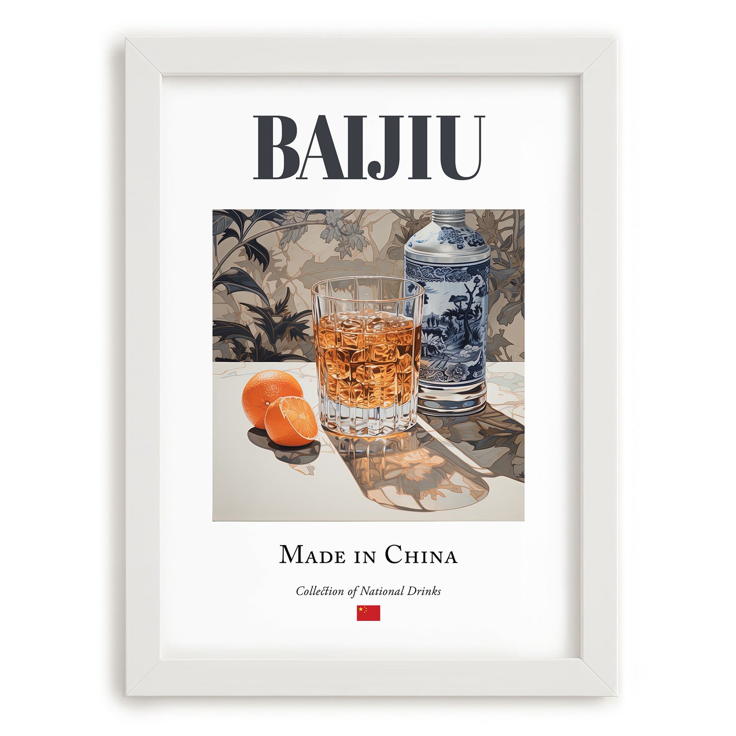 Baijiu – Chinese Spirit Drink, Cocktail Lounge Painting, placed in minimal white frame